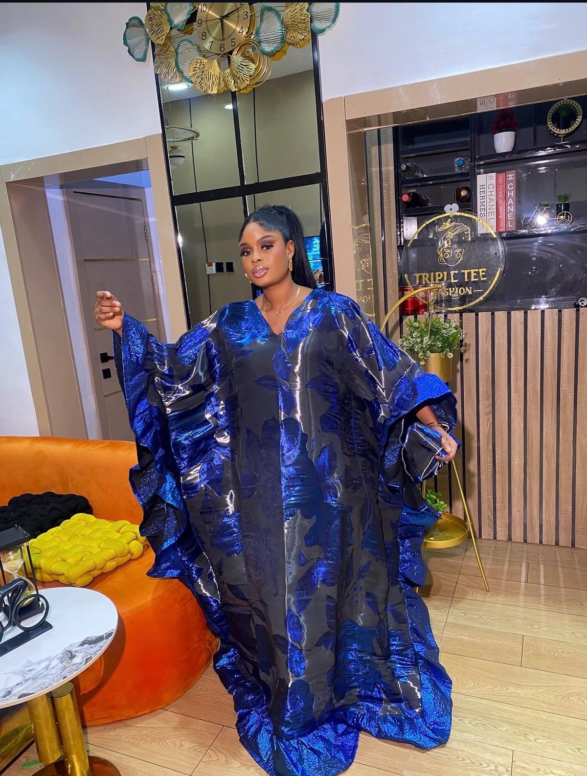Luxury Blue Grey Iridescent Brocade Boubou Kaftan Dress | African Maxi Gown | Elegant Women’s Occasion Wear | Free Size