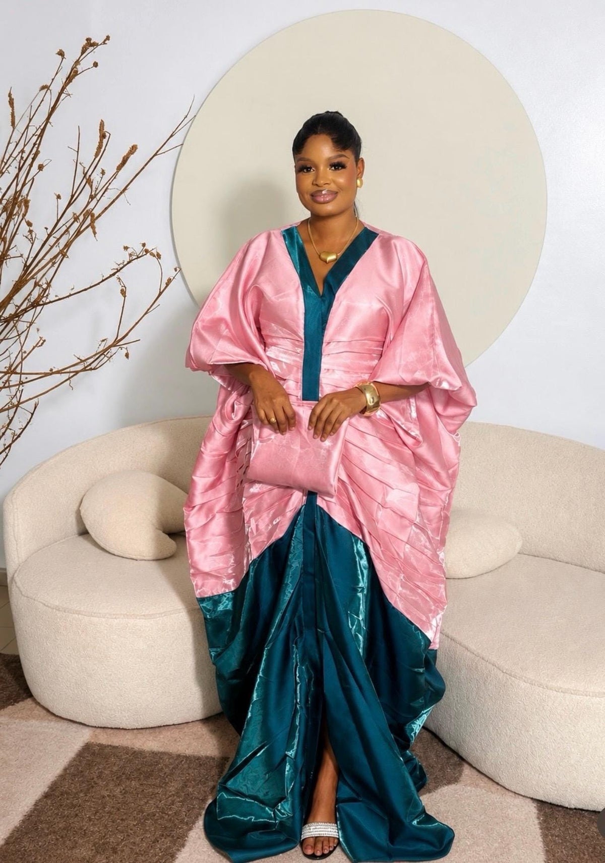 African boubou| Luxury Two-Tone Liquid Mikado Boubou – Elegant Blush Pink & Emerald Green Floor-Length Gown