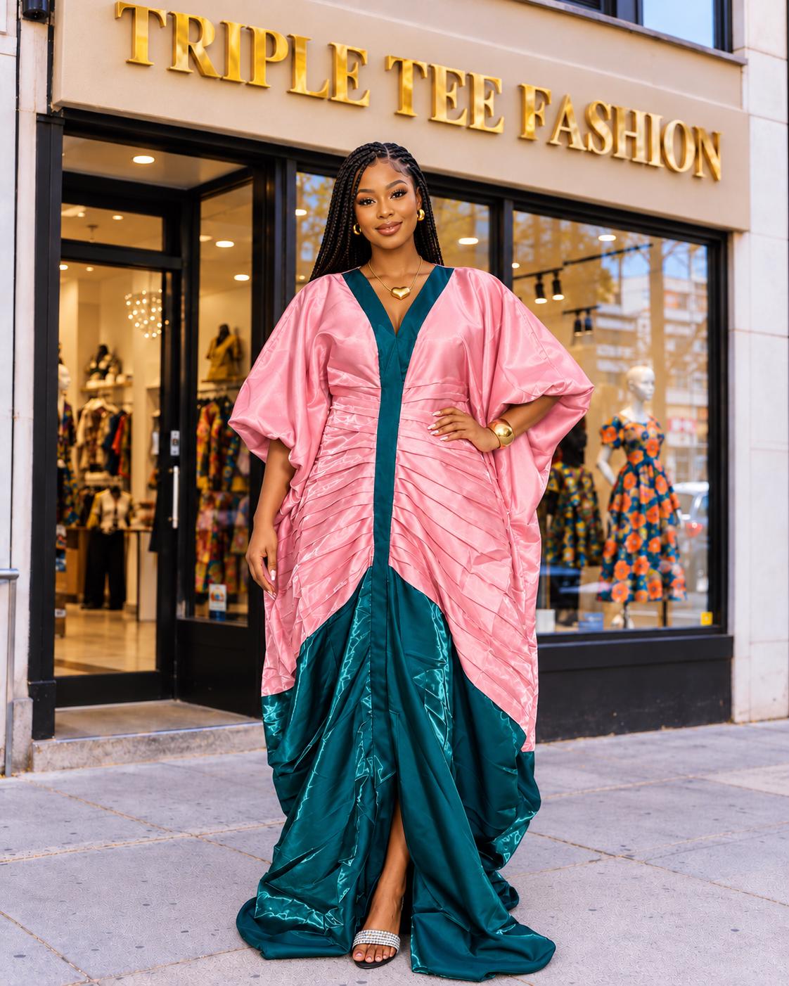 African boubou| Luxury Two-Tone Liquid Mikado Boubou – Elegant Blush Pink & Emerald Green Floor-Length Gown