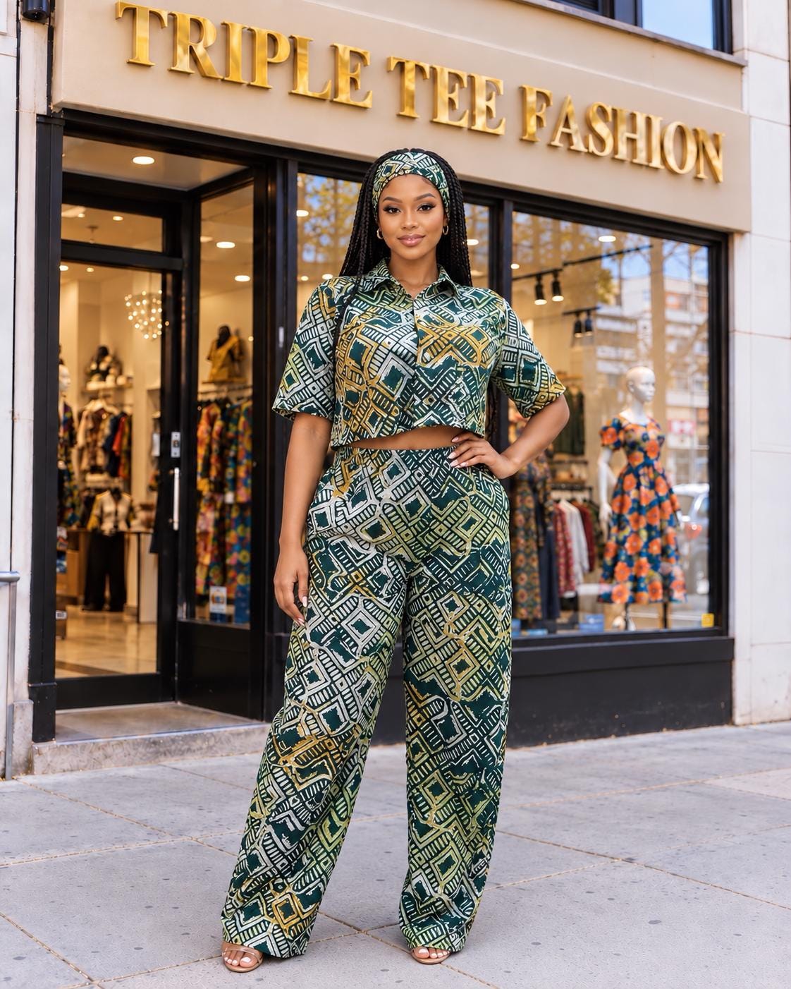 Authentic Adire 2 Piece Set with Scarf – African Adire Crepe Crop Top and Pants – African Clothing for Women – Afrocentric Outfit – Gift for