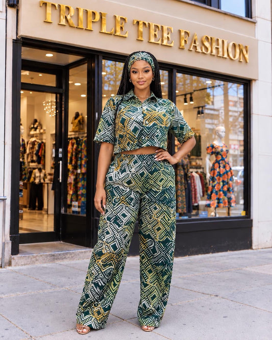 Authentic Adire 2 Piece Set with Scarf – African Adire Crepe Crop Top and Pants – African Clothing for Women – Afrocentric Outfit – Gift for