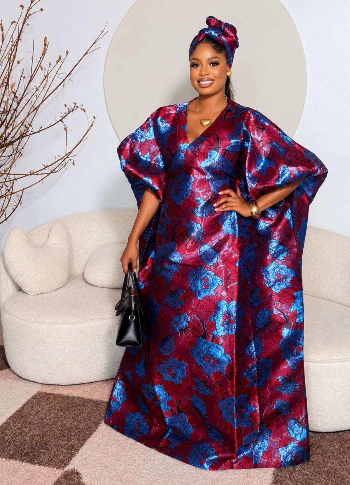 Luxury Burgundy & Royal Blue Floral Iridescent Brocade Boubou Dress | African Maxi Kaftan | Elegant Wedding Guest Gown | One Size