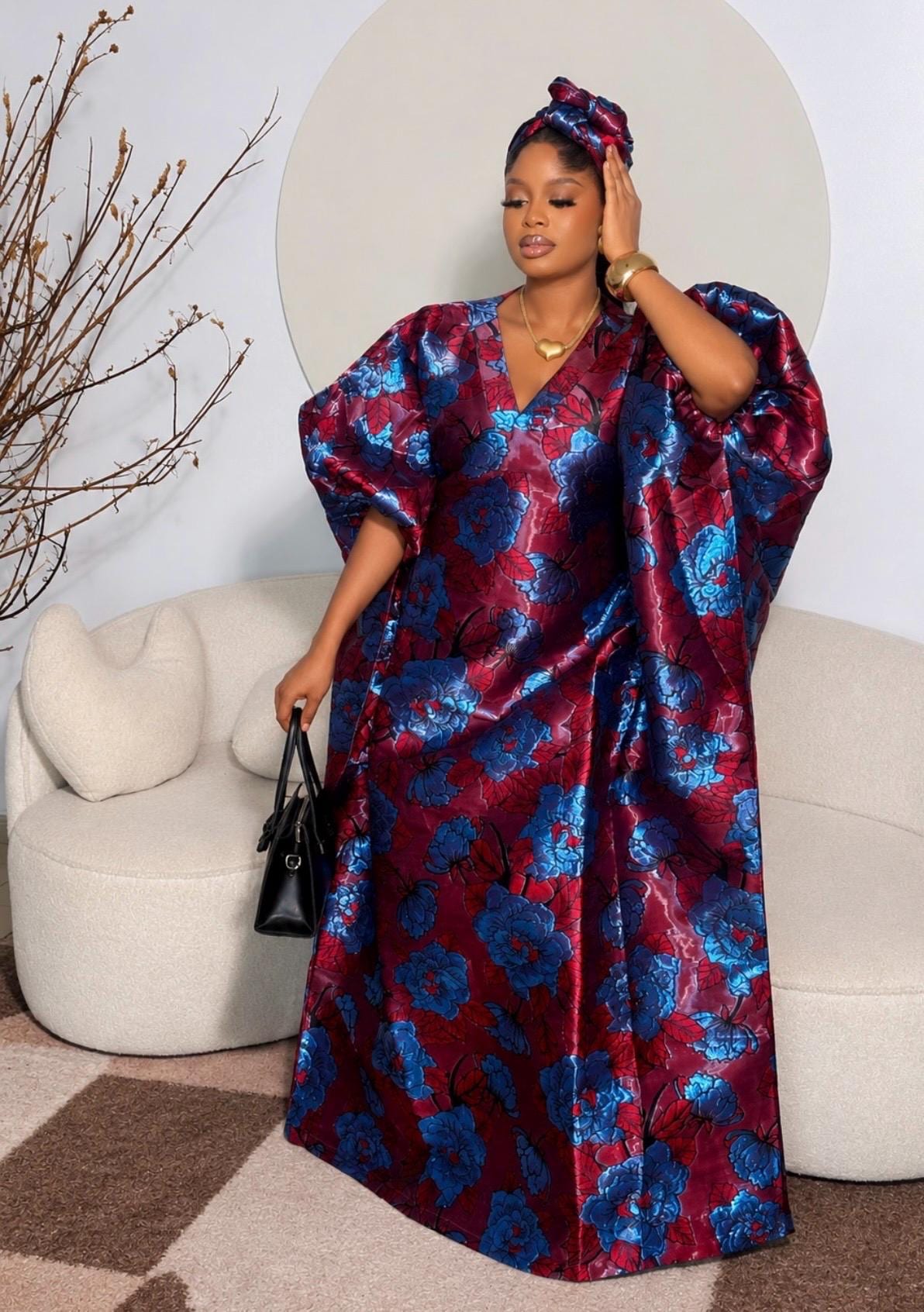Luxury Burgundy & Royal Blue Floral Iridescent Brocade Boubou Dress | African Maxi Kaftan | Elegant Wedding Guest Gown | One Size