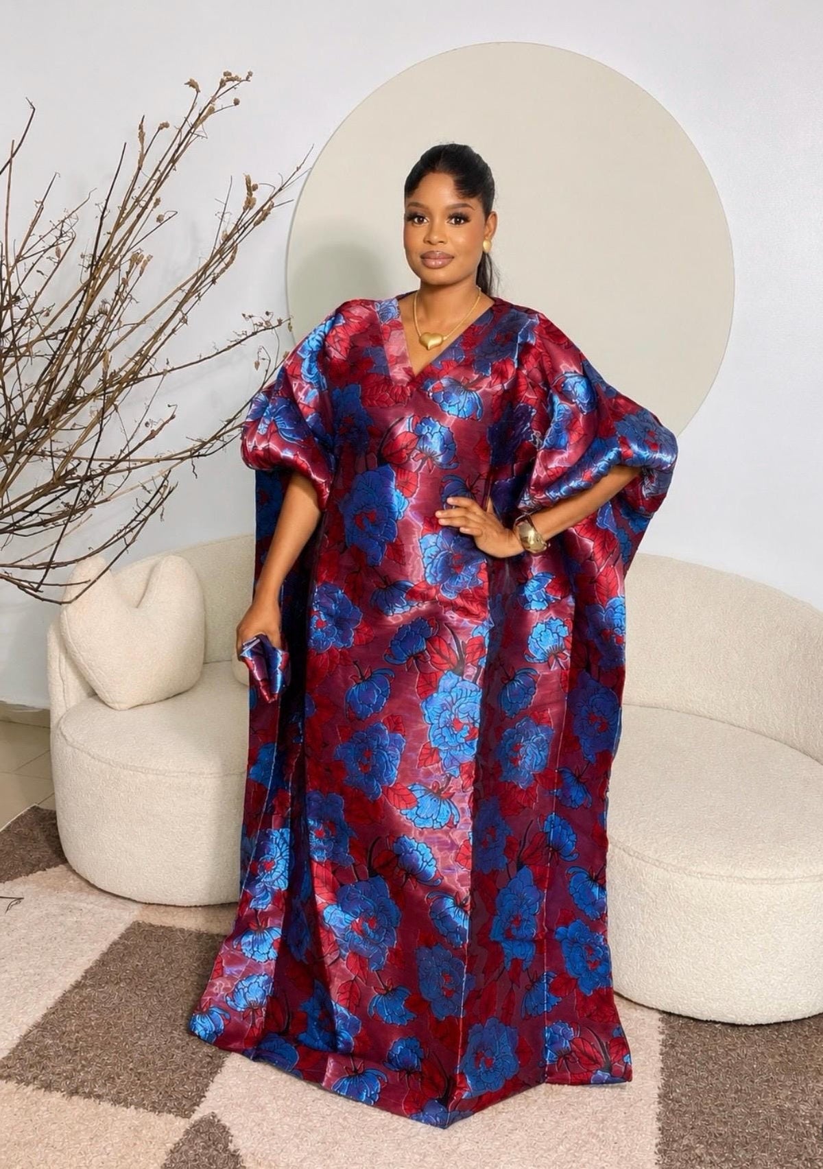 Luxury Burgundy & Royal Blue Floral Iridescent Brocade Boubou Dress | African Maxi Kaftan | Elegant Wedding Guest Gown | One Size