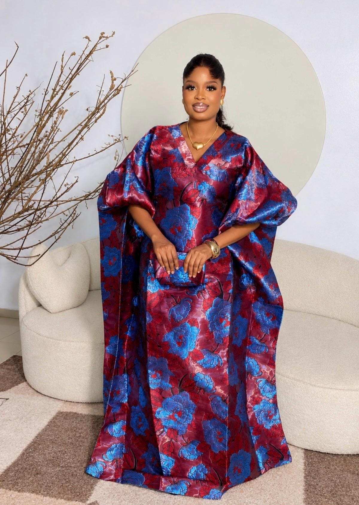 Luxury Burgundy & Royal Blue Floral Iridescent Brocade Boubou Dress | African Maxi Kaftan | Elegant Wedding Guest Gown | One Size