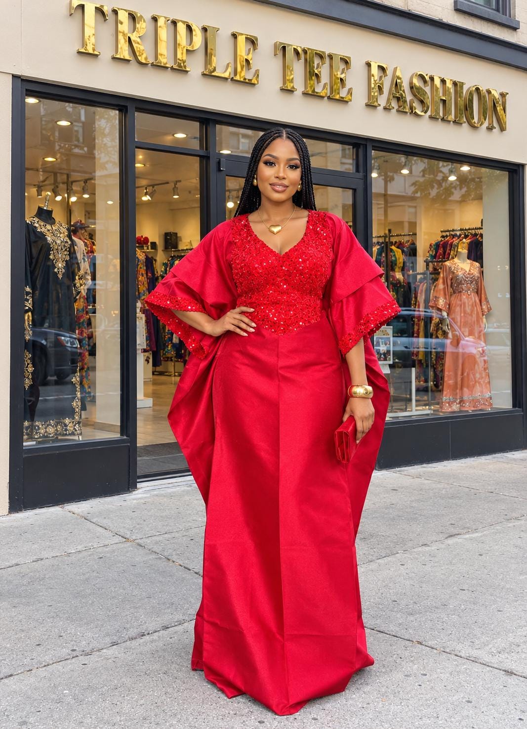 Luxury Red Mikado Silk & Sequin Boubou Dress | Elegant African Kaftan Gown | Free Size US 8–24 | Wedding Guest Occasion Wear