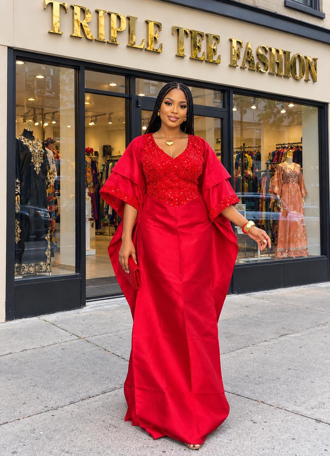 Luxury Red Mikado Silk & Sequin Boubou Dress | Elegant African Kaftan Gown | Free Size US 8–24 | Wedding Guest Occasion Wear