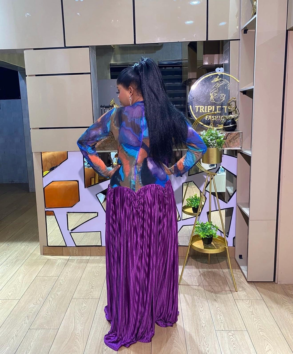 Purple Plisse Maxi Dress with Sheer Mesh Top, Elegant Long Sleeve Evening Gown, Multicolour Floor Length Statement Dress, Occasion Wear