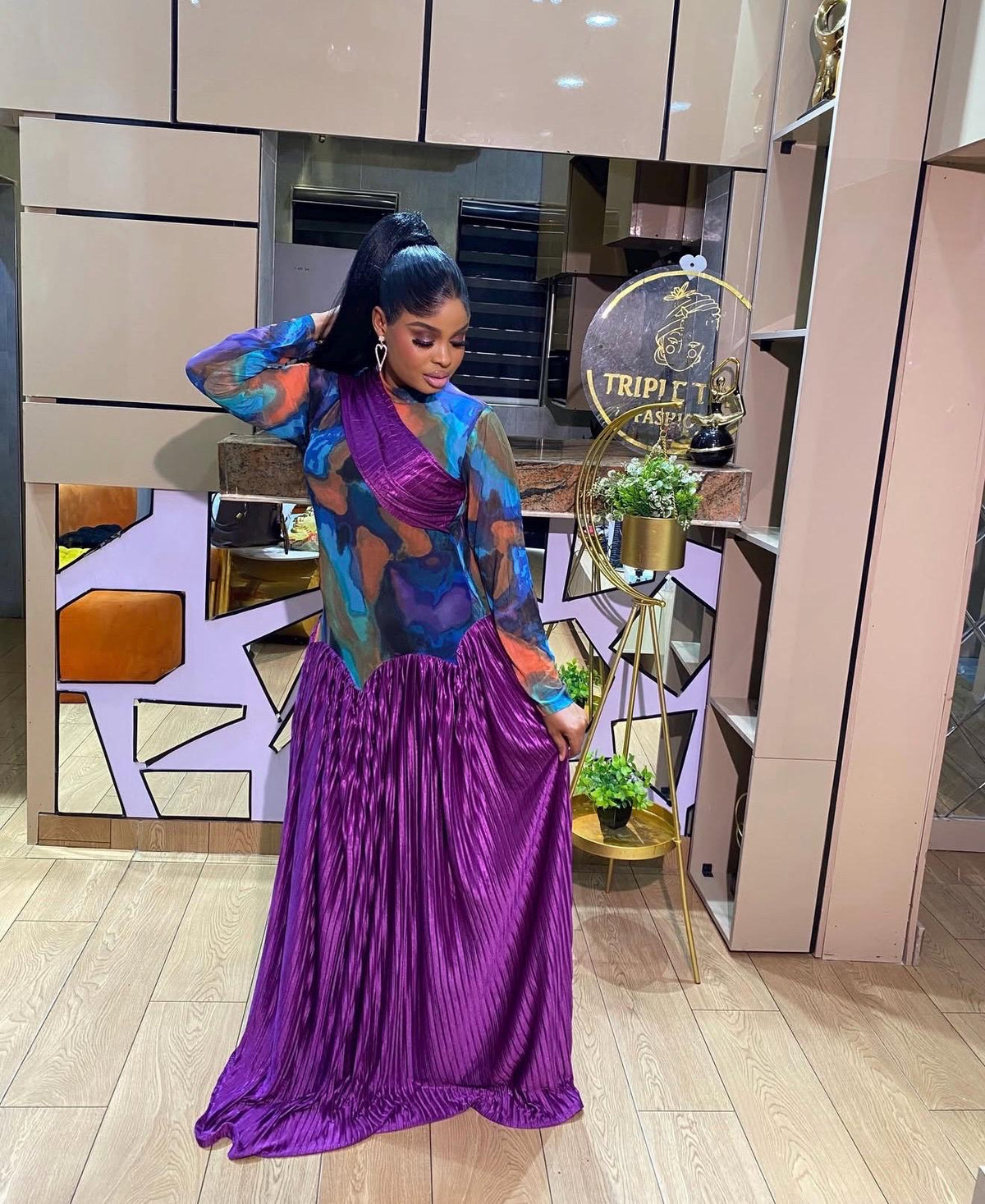 Purple Plisse Maxi Dress with Sheer Mesh Top, Elegant Long Sleeve Evening Gown, Multicolour Floor Length Statement Dress, Occasion Wear