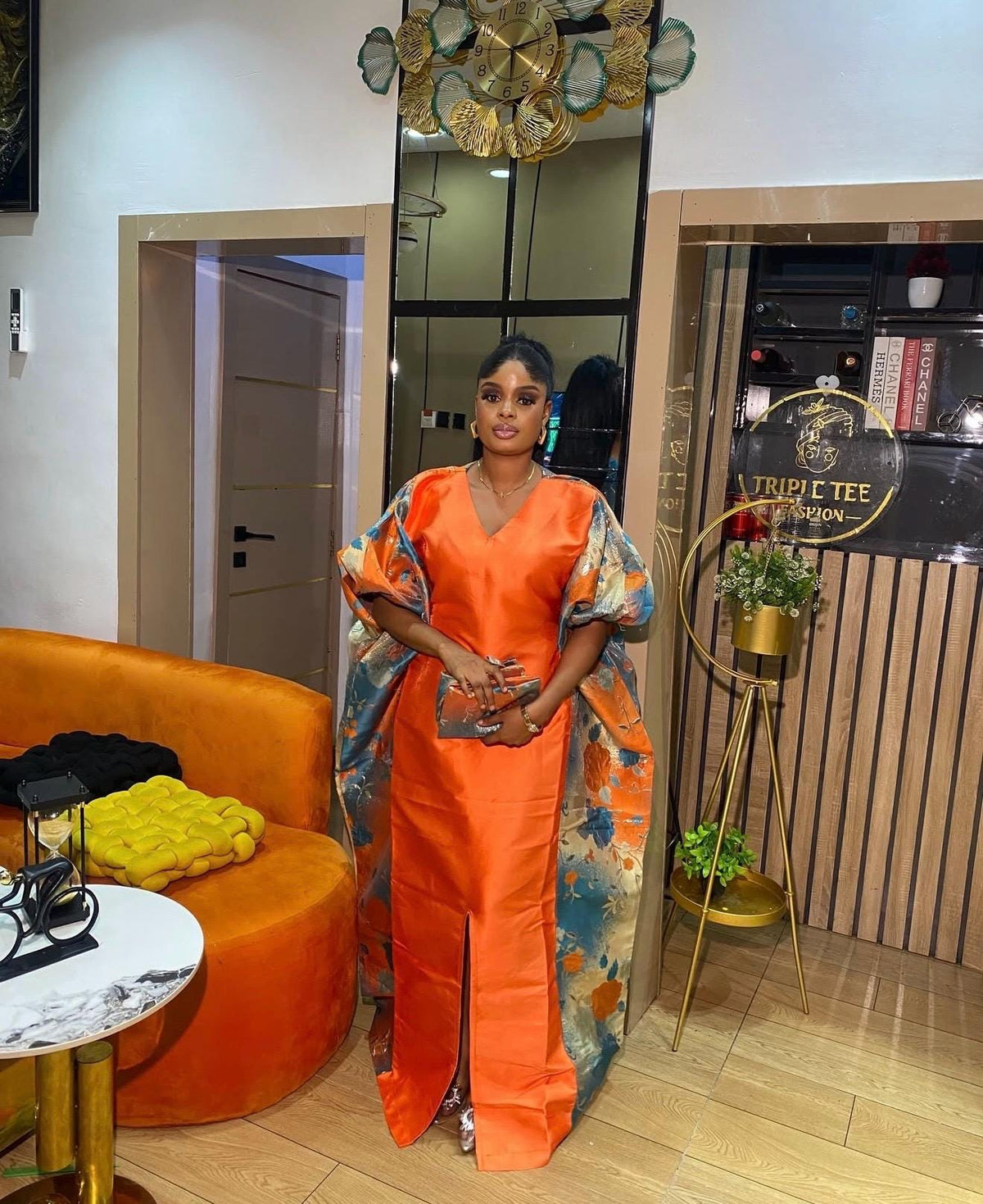 Orange Mikado & European Brocade Boubou Dress, African Wedding Guest Kaftan, Elegant Maxi Gown, One Size Plus Size Formal Dress