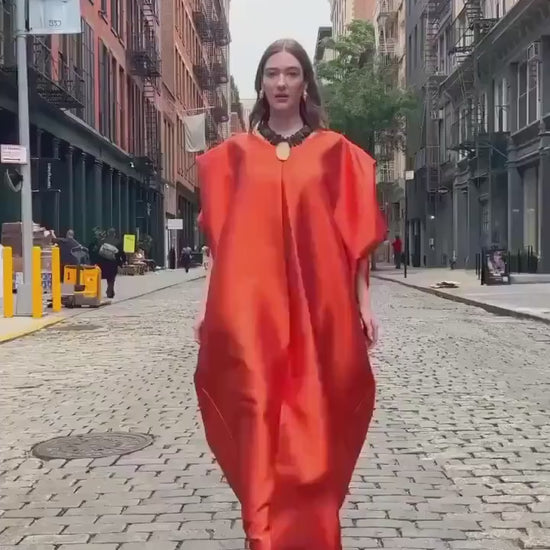 African Mikado Silk Kaftan | Burnt Orange Boubou Dress