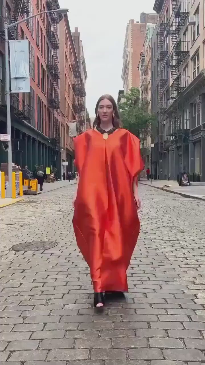 African Mikado Silk Kaftan | Burnt Orange Boubou Dress