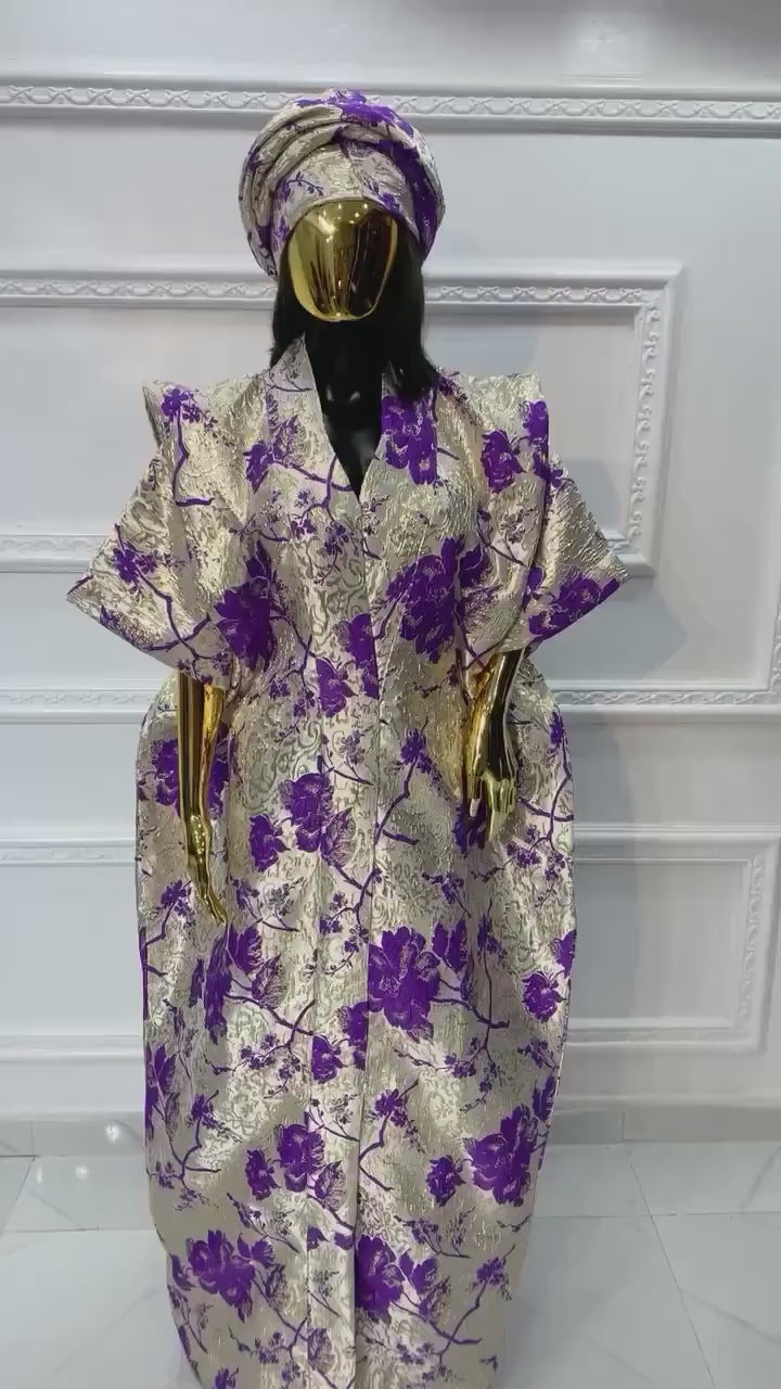 Floral Brocade Boubou Dress | African Kaftan with Scarf