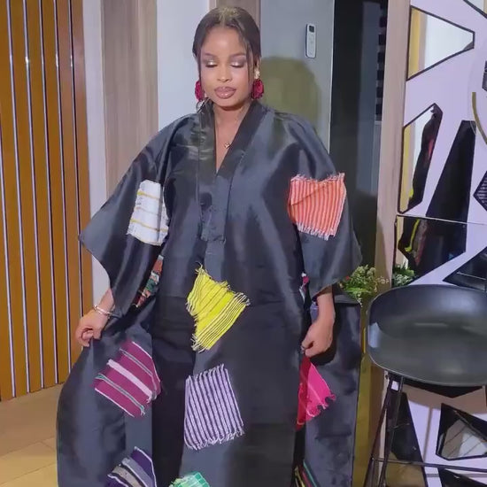 African Luxury Mikado Boubou with Aso-Oke Patchwork – One Size Fits All| Black Dress