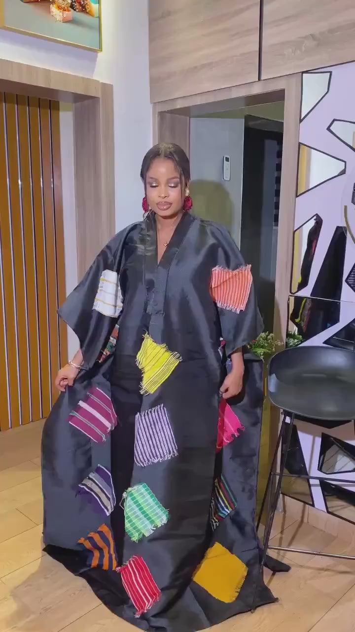 African Luxury Mikado Boubou with Aso-Oke Patchwork – One Size Fits All| Black Dress