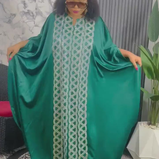 Emerald Green Duchess Silk Boubou: Crystal Patterned African Kaftan