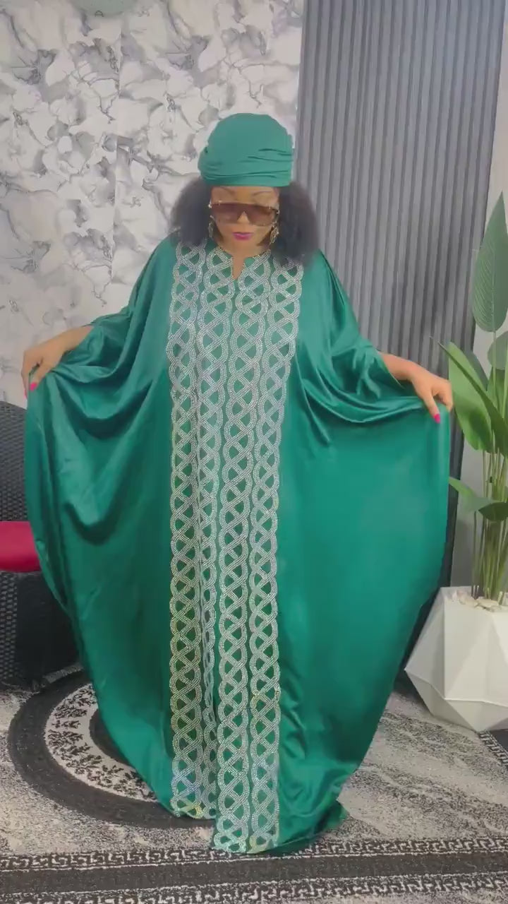 Emerald Green Duchess Silk Boubou: Crystal Patterned African Kaftan