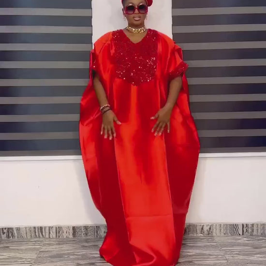 Red Sequin Mikado Silk Boubou: African Kaftan Dress with Cap