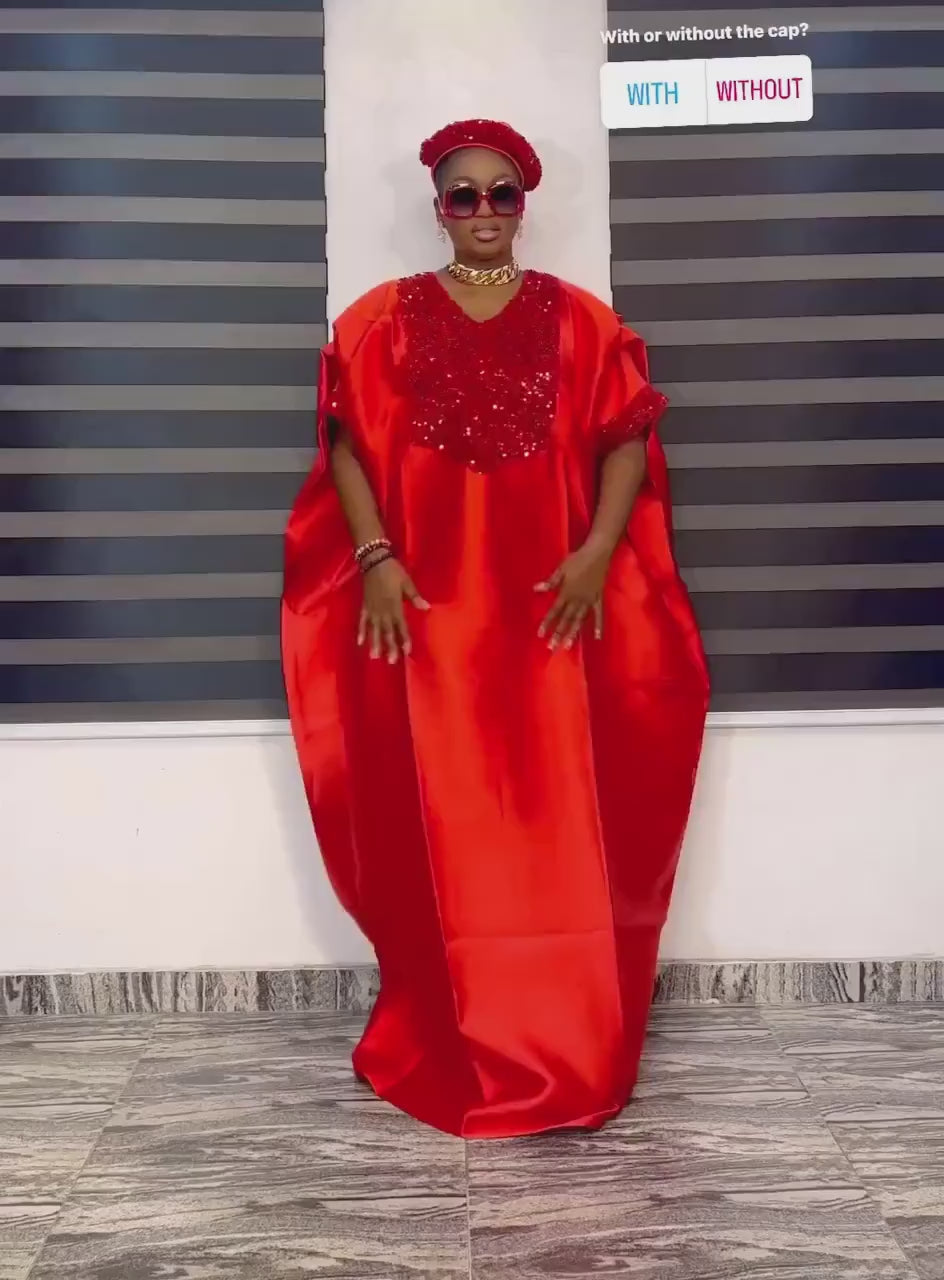 Red Sequin Mikado Silk Boubou: African Kaftan Dress with Cap