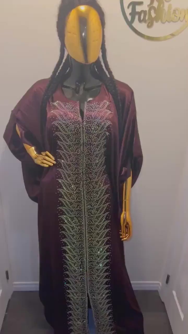 Chocolate Brown Duchess Silk Boubou | Crystal Patterned Ankara Kaftan