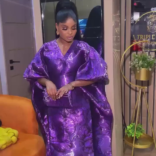 Luxury Purple Iridescent Brocade Boubou Dress, African Kaftan Maxi Gown, Elegant Wedding Guest Dress, Free Size