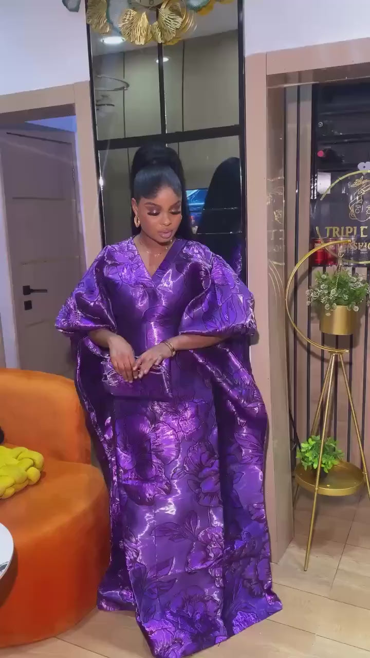 Luxury Purple Iridescent Brocade Boubou Dress, African Kaftan Maxi Gown, Elegant Wedding Guest Dress, Free Size