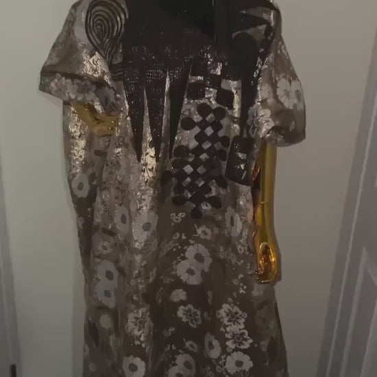 Damask Brocade Agbada Dress with Tinko Embroidery | Matching Headband