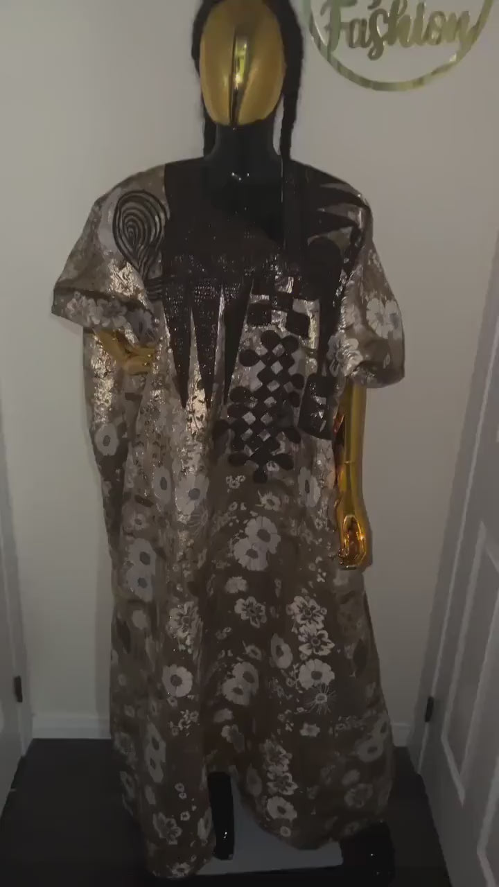Damask Brocade Agbada Dress with Tinko Embroidery | Matching Headband
