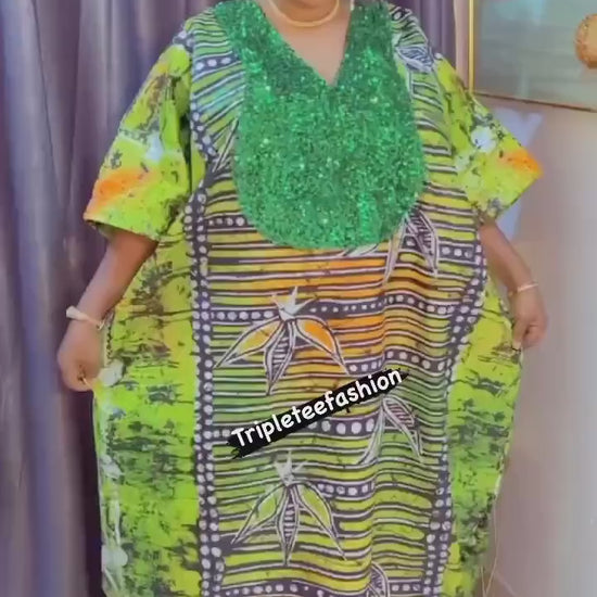 African Print Kampala Kaftan: Adire Sequin Boubou Dress