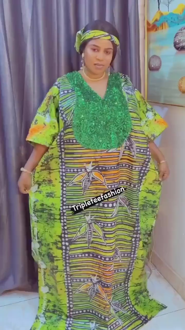 African Print Kampala Kaftan: Adire Sequin Boubou Dress