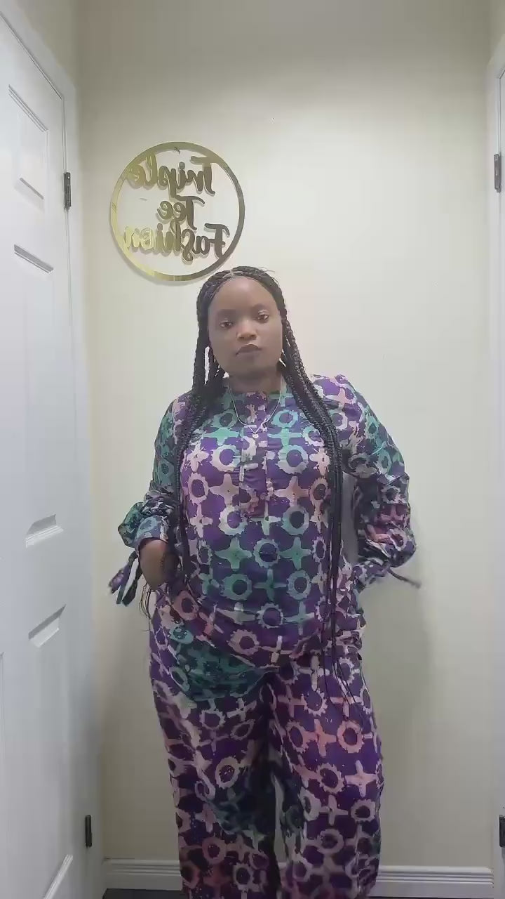 African Adire Cotton Dress Top and Trouser Set | Nigerian Kaftan