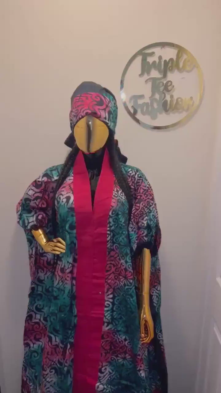 African Adire Batik Boubou Dress | Handmade Kaftan with Inner Belt