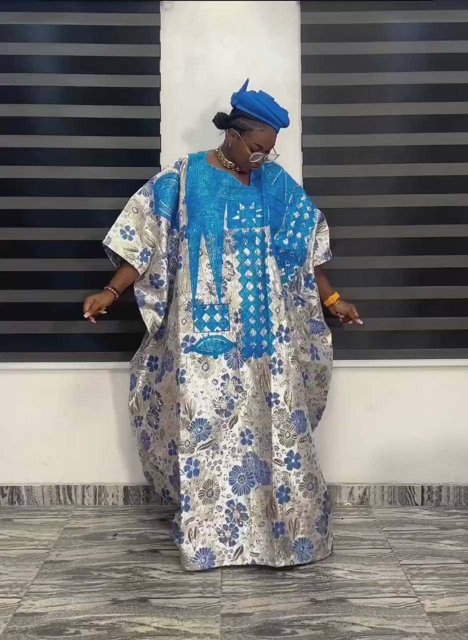 Damask Brocade Agbada Dress with Tinko Embroidery | Nigerian Fashion