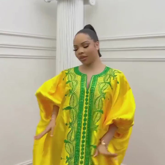 Embroidered Mikado Boubou Kaftan | African Maxi Dress with Headband