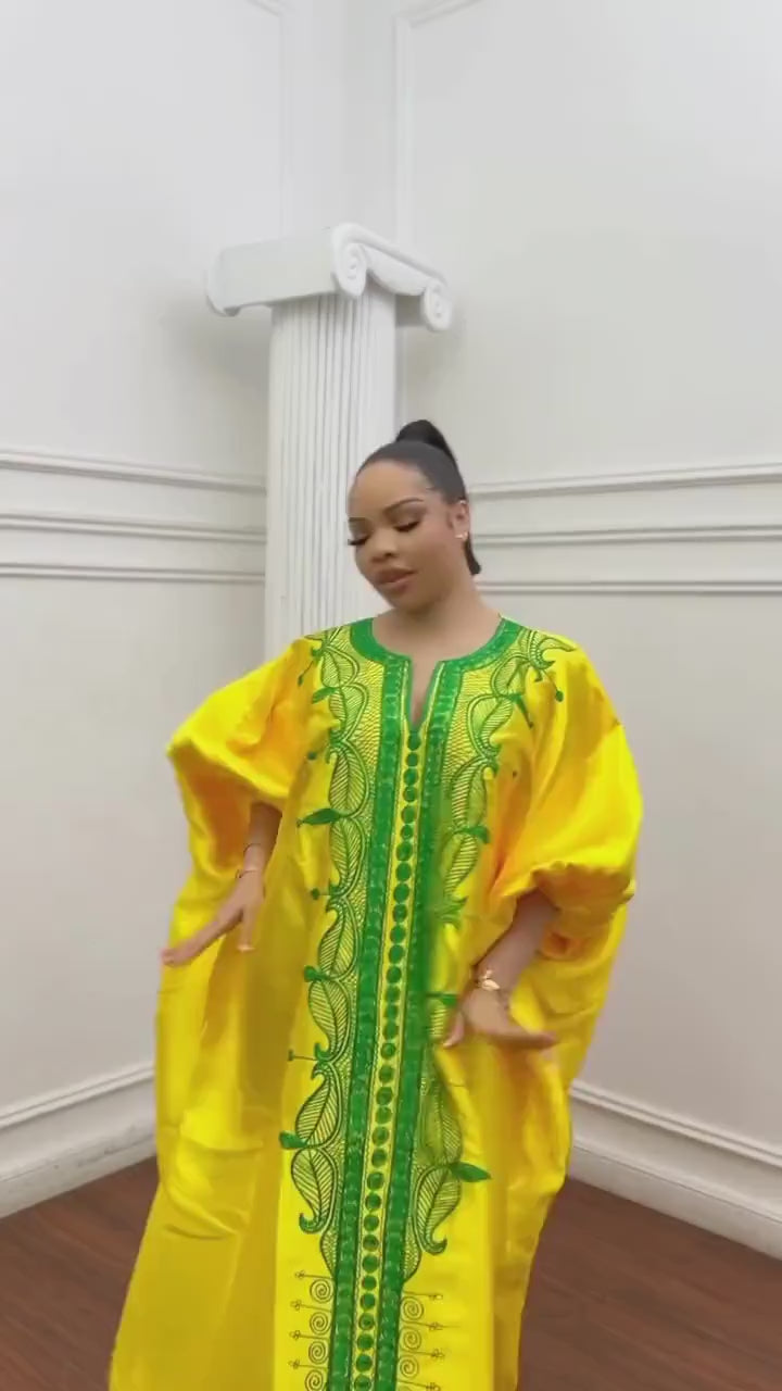 Embroidered Mikado Boubou Kaftan | African Maxi Dress with Headband