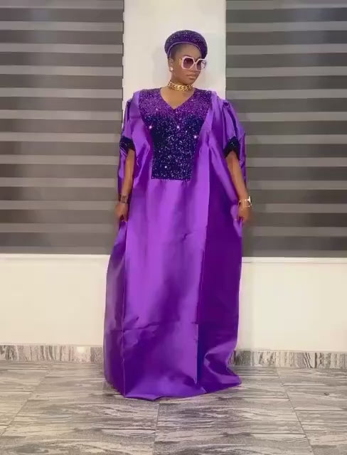 Purple Sequin Mikado Silk Boubou: African Kaftan Dress with Cap