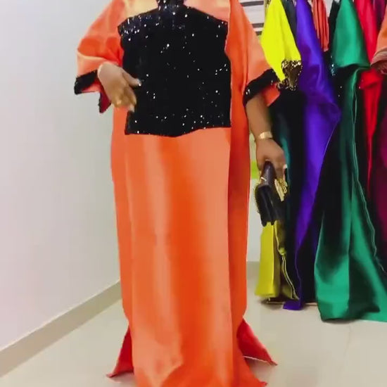 Orange Mikado Boubou Dress | Sequin African Kaftan, Party Jalabiya