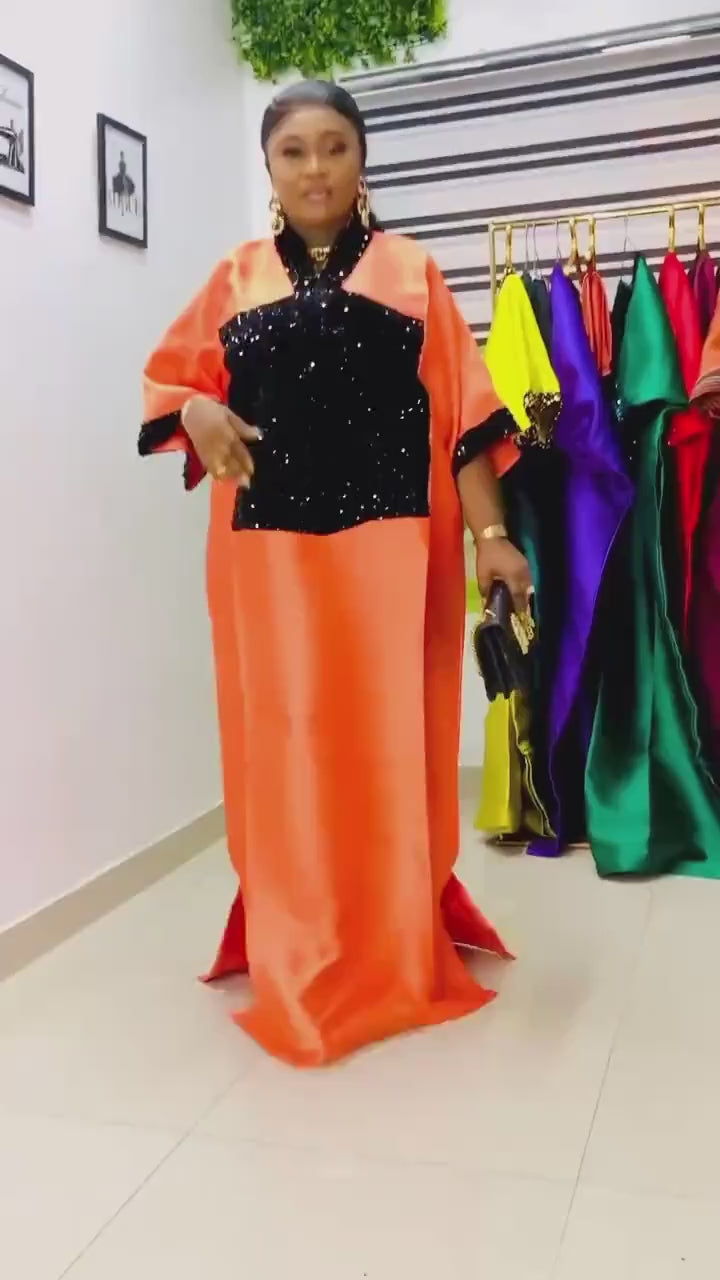 Orange Mikado Boubou Dress | Sequin African Kaftan, Party Jalabiya