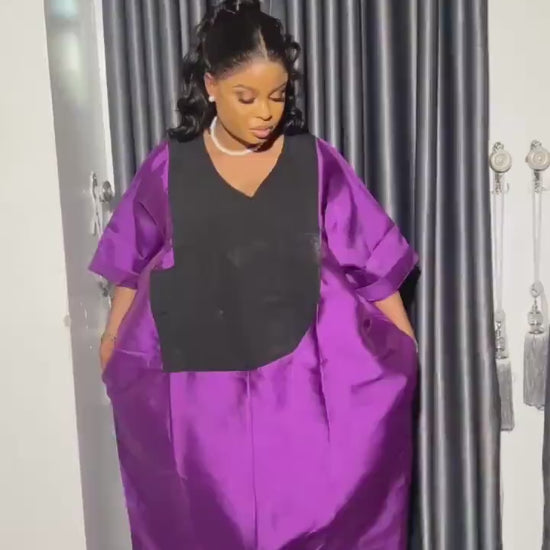 Mikado Boubou Dress | Aso Oke Neckline, African Kaftan with Matching Cap