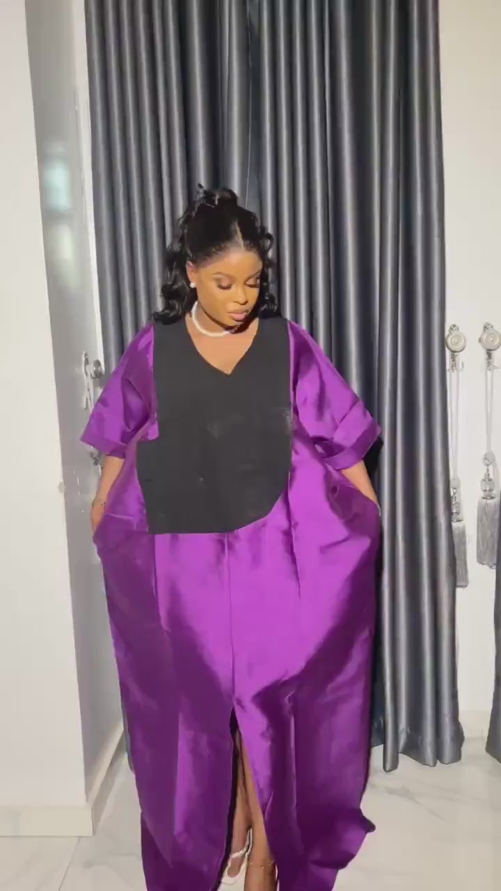 Mikado Boubou Dress | Aso Oke Neckline, African Kaftan with Matching Cap