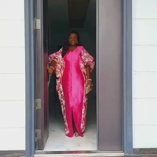Pink Mikado Brocade Boubou | African Kaftan Dress, Scarf Included