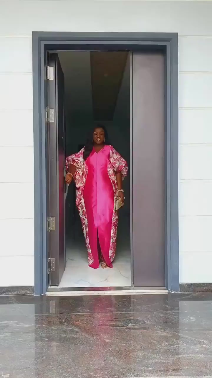 Pink Mikado Brocade Boubou | African Kaftan Dress, Scarf Included