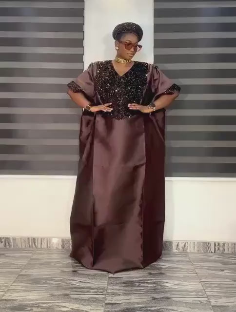 Chocolate Brown Sequin Mikado Silk Boubou: African Kaftan Dress with Cap