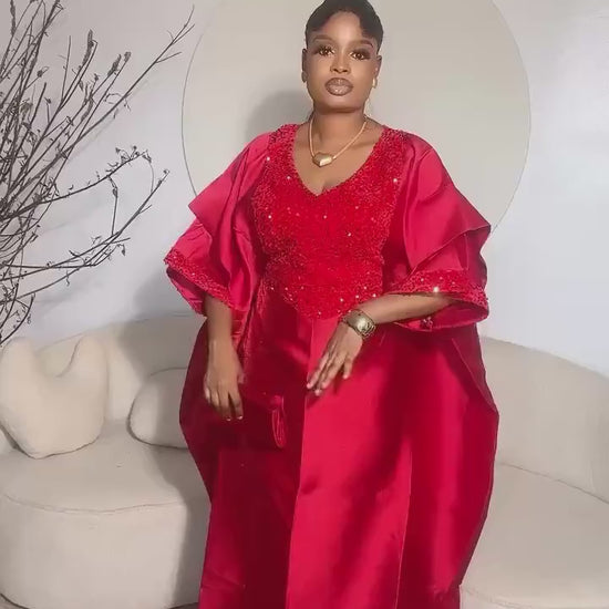 Luxury Red Mikado Silk & Sequin Boubou Dress | Elegant African Kaftan Gown | Free Size US 8–24 | Wedding Guest Occasion Wear