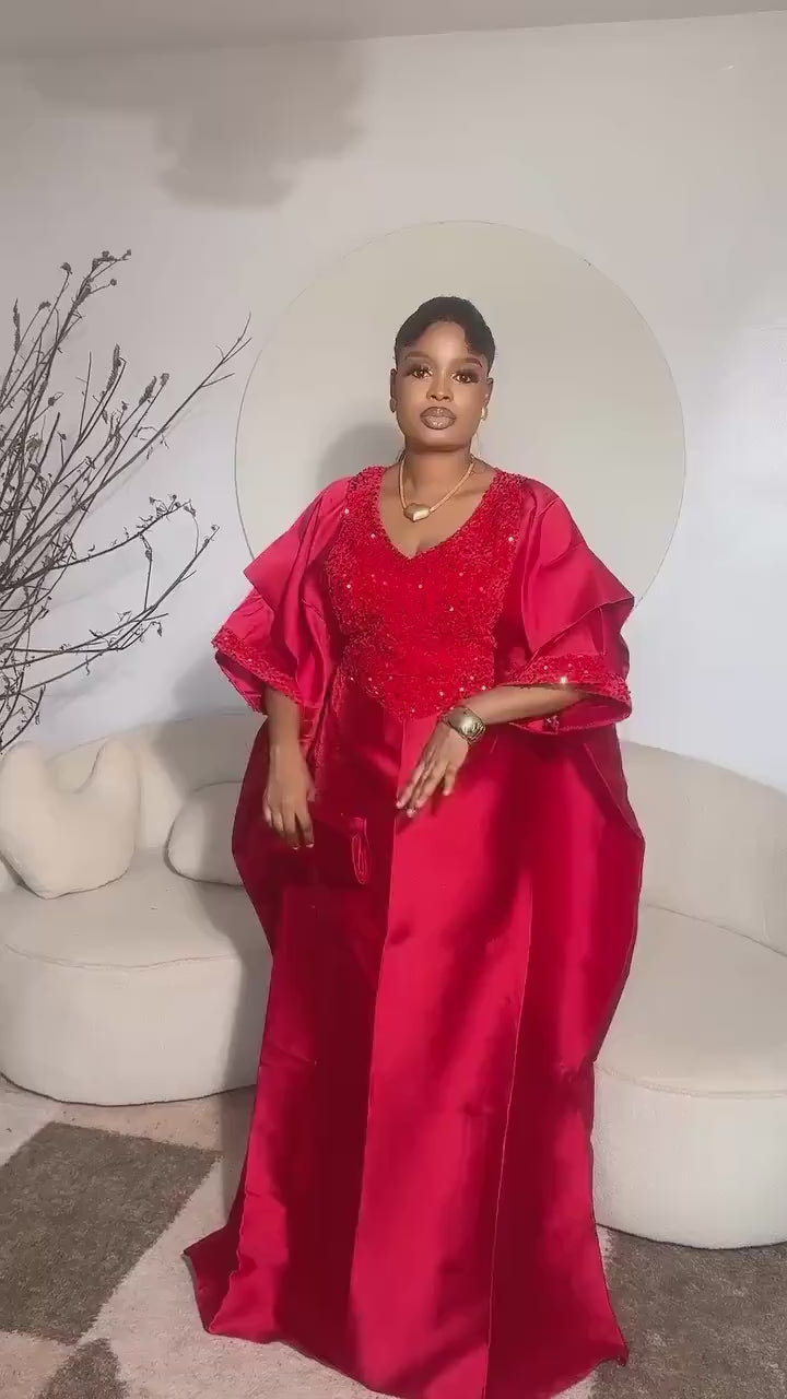 Luxury Red Mikado Silk & Sequin Boubou Dress | Elegant African Kaftan Gown | Free Size US 8–24 | Wedding Guest Occasion Wear