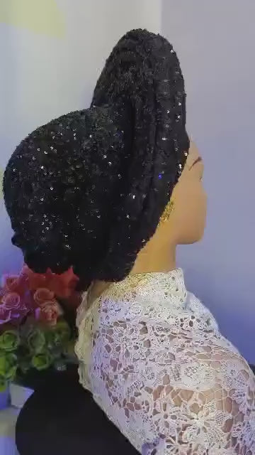 Sequin Fabric African Auto Gele | Pre-Tied Turban Hat