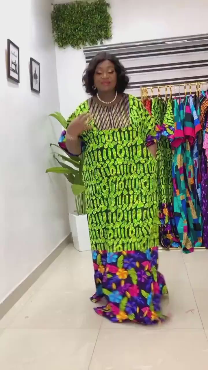African Ankara Boubou Dress | Aso Oke Details, Modest Kaftan (Fits US 8-22)