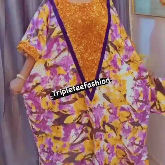 African Print Sequin Kaftan Boubou: Adire Kampala Dress, Plus Size