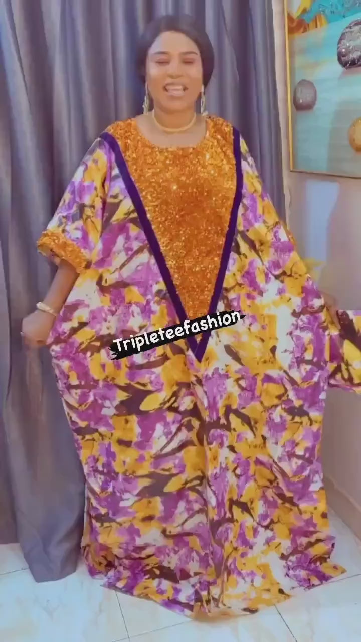African Print Sequin Kaftan Boubou: Adire Kampala Dress, Plus Size