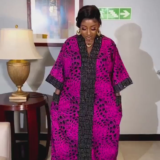 Pink & Black Ankara Caftan Dress, African Print Maxi Dress, Plus Size Kaftan Robe